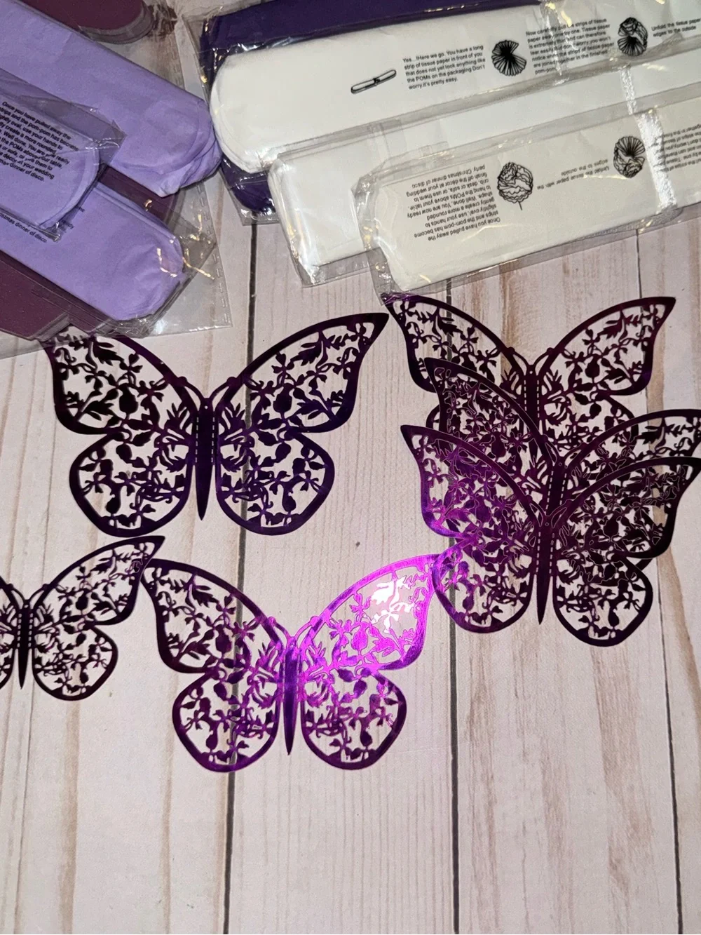 Purple and white party supplies